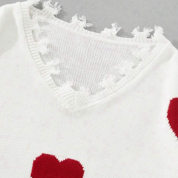 Women's Heart Pattern Ripped Sweater V Neck Distressed Knit Pullover Sweater - Picture 7 of 8